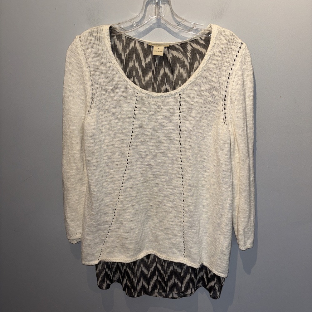 Lucky Brand Ivory Knit Sweater Chiffon Split Back Layer Hem Boho Women's Size M
